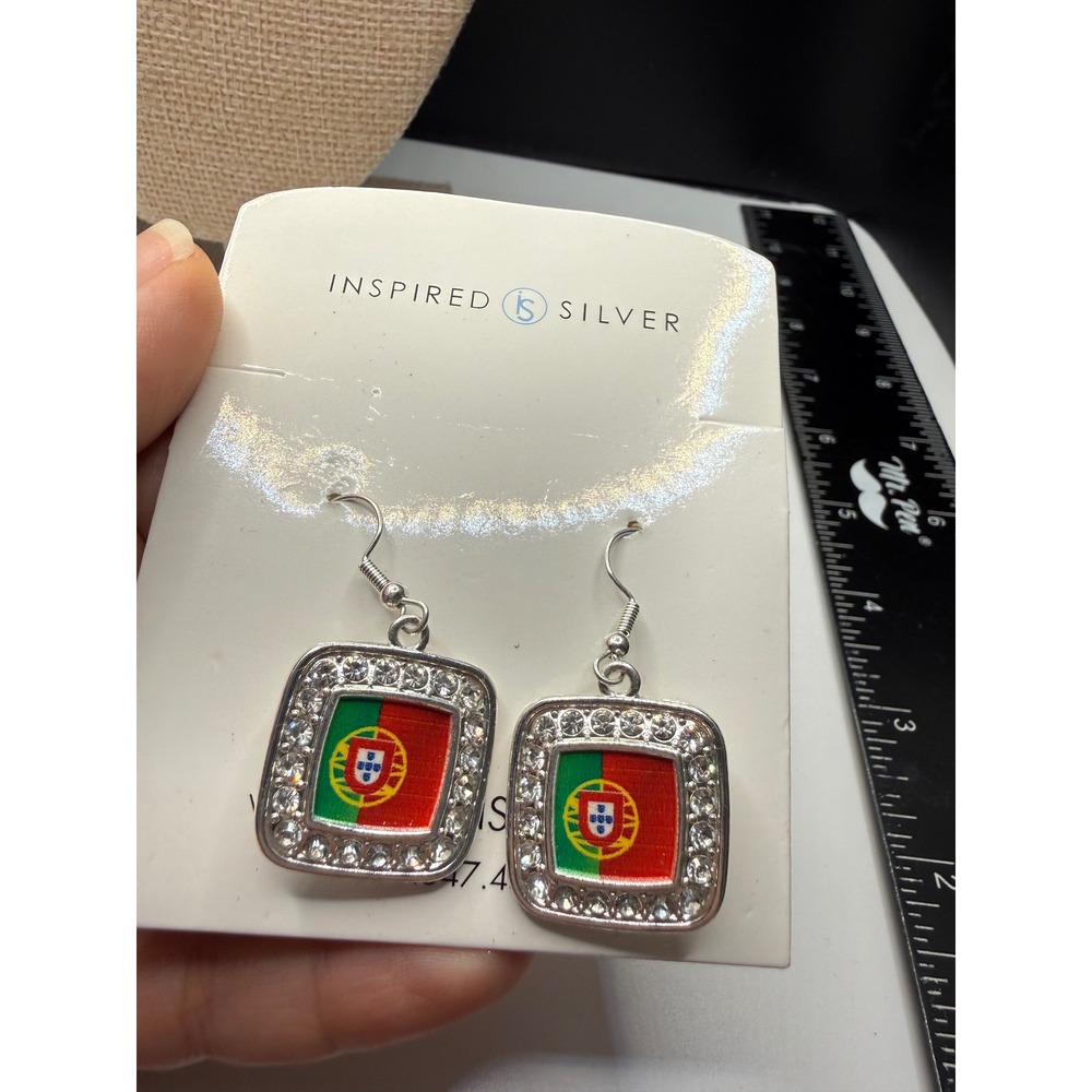 Inspired Silver Portugal Flag Square Drop Earrings Silver Tone Crystal Accent